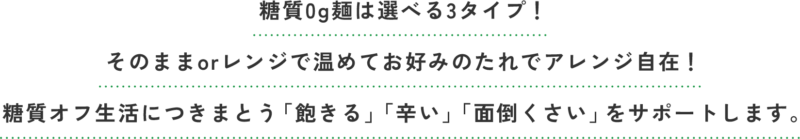 糖質0g麺は選べる3タイプ!そのままorレンジで温めてお好みのたれでアレンジ自在!糖質オフ生活につきまとう「飽きる」「辛い」「面倒くさい」をサポートします。