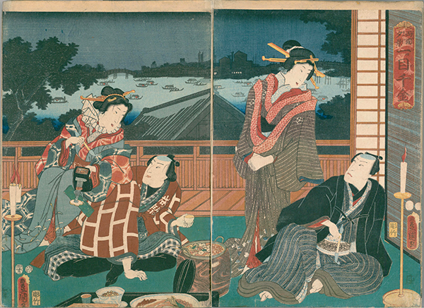 江戸時代の遊郭風景。小鍋立てが見える。「両国夕景一ツ目千金」(歌川豊国3世)(国立国会図書館蔵)