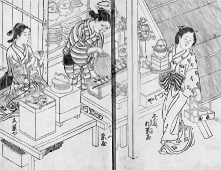 美人画に長けた西川祐信が1723年に出版した『百人女郎品定』の豆腐茶屋(国立国会図書館蔵)