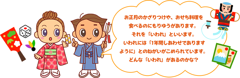 お正月のかざりつけや、おせち料理を 食べるのにもりゆうがあります。 それを「いわれ」といいます。 いわれには「1年間しあわせであります ように」とのねがいがこめられています。 どんな「いわれ」があるのかな?