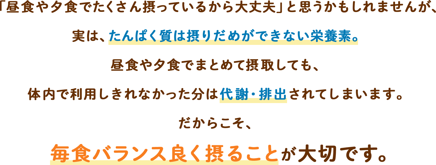 「昼食や夕食でたくさん摂っているから大丈夫」と思うかもしれませんが、実は、たんぱく質は摂りだめができない栄養素。昼食や夕食でまとめて摂取しても、体内で利用しきれなかった分は代謝・排出されてしまいます。だからこそ、毎食バランス良く摂ることが大切です。